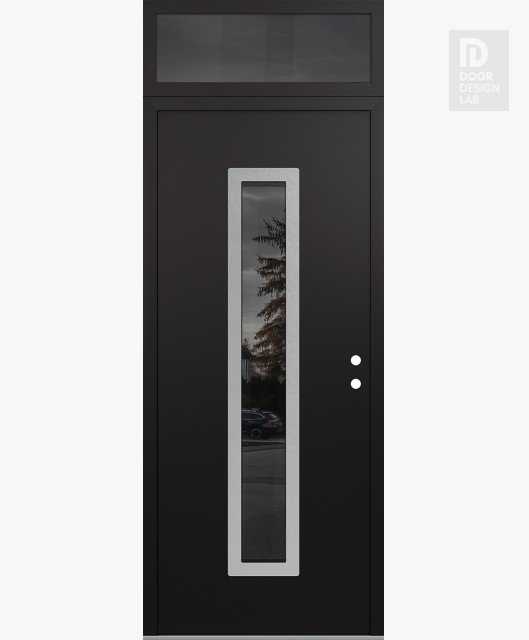 Modern Steel Front Door DIAMOND A11 36" X 96" BLACK/BLACK MIRRORED GLASS PANEL STAINLESS STEEL LHI WITH TRANSOM MIRRORED GLASS