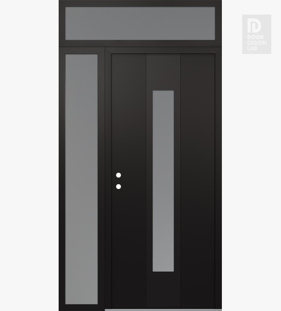 Modern Steel Front Door DIAMOND A1 50" X 96" BLACK/WHITE FROSTED GLASS PANEL BLACK RHI WITH SIDELITE AND TRANSOM FROSTED GLASS
