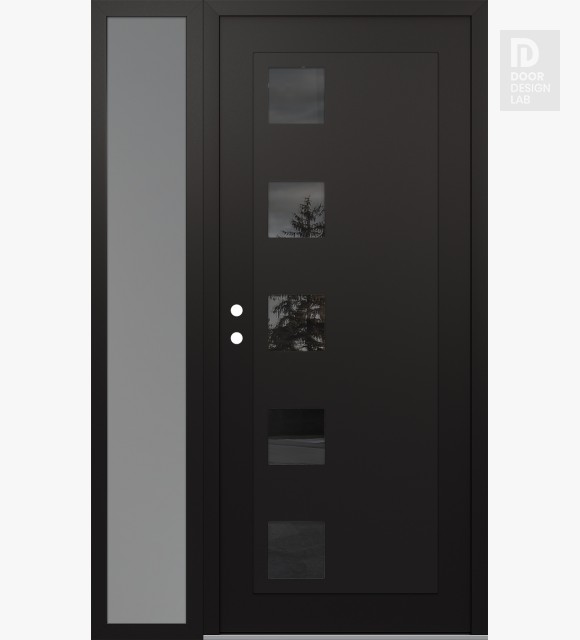 Modern Steel Front Door Diamond C5 52" x 80" black/black mirrored Glass Panel black RHI with Sidelite frosted Glass