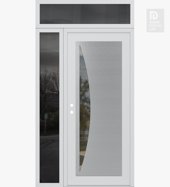 Modern Steel Front Door Diamond C13 52" x 96" white/white clear Glass Panel stainless steel RHI with Sidelite and Transom mirrored Glass