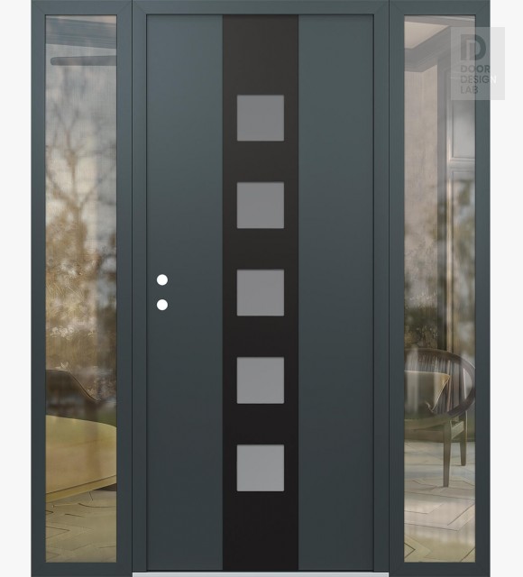 Modern Steel Front Door DIAMOND A13 68" X 80" ANTHRACITE/ANTHRACITE FROSTED GLASS PANEL BLACK RHI WITH 2 SIDELITES CLEAR GLASS