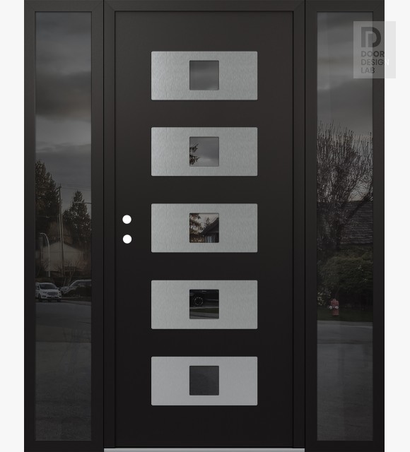 Modern Steel Front Door Diamond D8 68" x 80" black/black mirrored Glass Panel stainless steel RHI with 2 Sidelites mirrored Glass