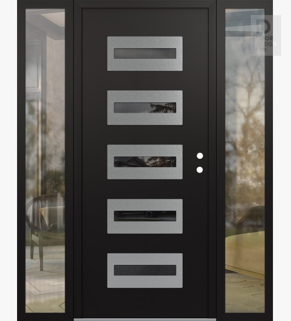 Modern Steel Front Door Diamond D4 64" x 80" black/black mirrored Glass Panel stainless steel LHI with 2 Sidelites clear Glass