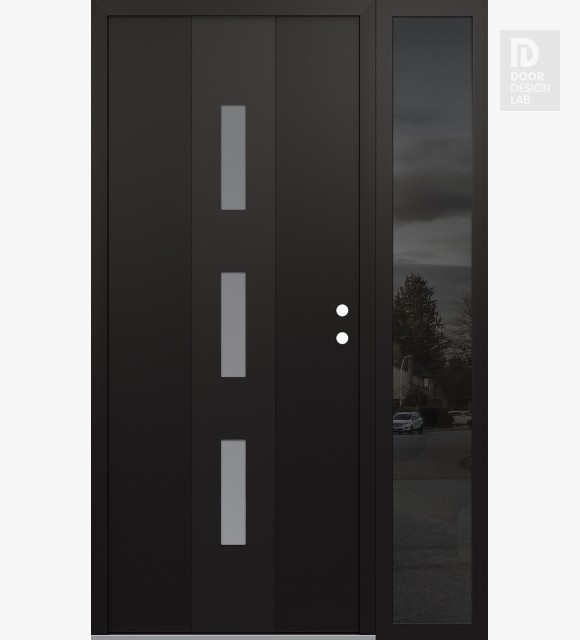 Modern Steel Front Door DIAMOND A7 48" X 80" BLACK/WHITE FROSTED GLASS PANEL BLACK LHI WITH SIDELITE MIRRORED GLASS