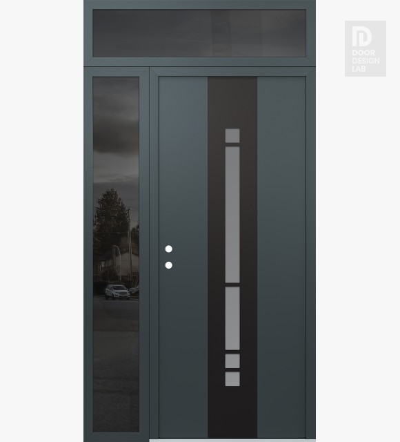 Modern Steel Front Door DIAMOND A3 48" X 96" ANTHRACITE/ANTHRACITE FROSTED GLASS PANEL BLACK RHI WITH SIDELITE AND TRANSOM MIRRORED GLASS