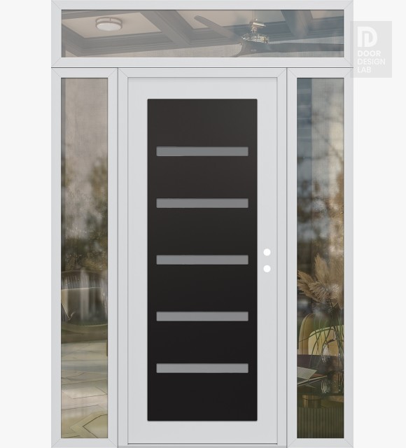 Modern Steel Front Door Diamond C7 68" x 96" white/white frosted Glass Panel black LHI with 2 Sidelites and Transom clear Glass