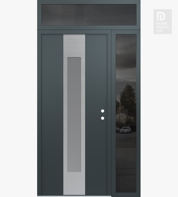 Modern Steel Front Door DIAMOND A1 48" X 96" ANTHRACITE/ANTHRACITE FROSTED GLASS PANEL STAINLESS STEEL LHI WITH SIDELITE AND TRANSOM MIRRORED GLASS