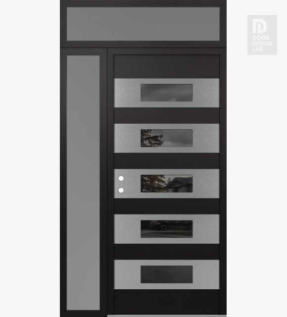 Modern Steel Front Door Diamond D5 48" x 96" black/black mirrored Glass Panel stainless steel RHI with Sidelite and Transom frosted Glass