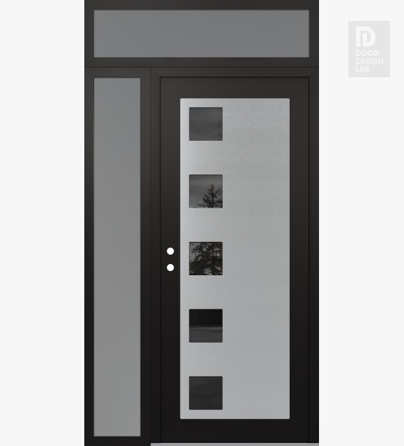 Modern Steel Front Door Diamond C5 48" x 96" black/black mirrored Glass Panel stainless steel RHI with Sidelite and Transom frosted Glass