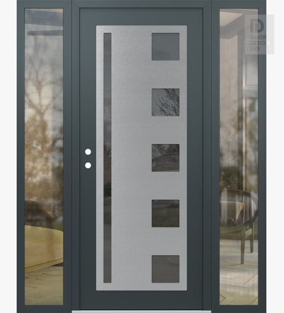 Modern Steel Front Door Diamond C3 60" x 80" anthracite/anthracite mirrored Glass Panel stainless steel RHI with 2 Sidelites clear Glass