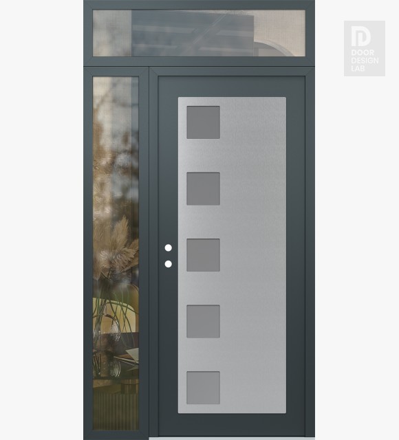 Modern Steel Front Door Diamond C5 50" x 96" anthracite/anthracite frosted Glass Panel stainless steel RHI with Sidelite and Transom clear Glass