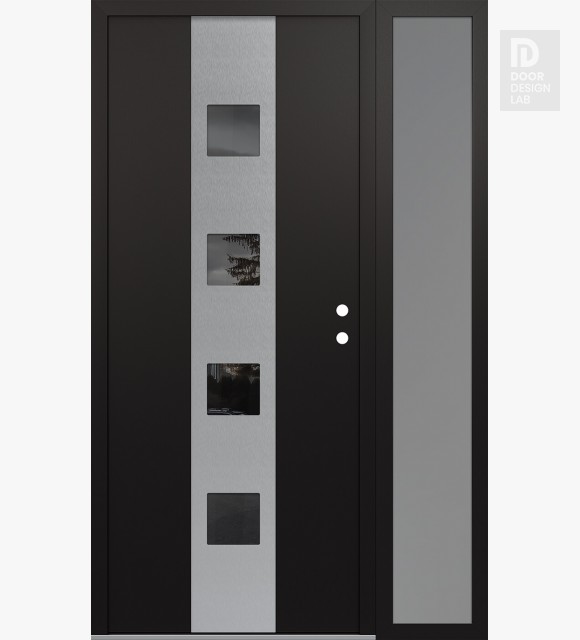 Modern Steel Front Door DIAMOND A12 50" X 80" BLACK/BLACK MIRRORED GLASS PANEL STAINLESS STEEL LHI WITH SIDELITE FROSTED GLASS