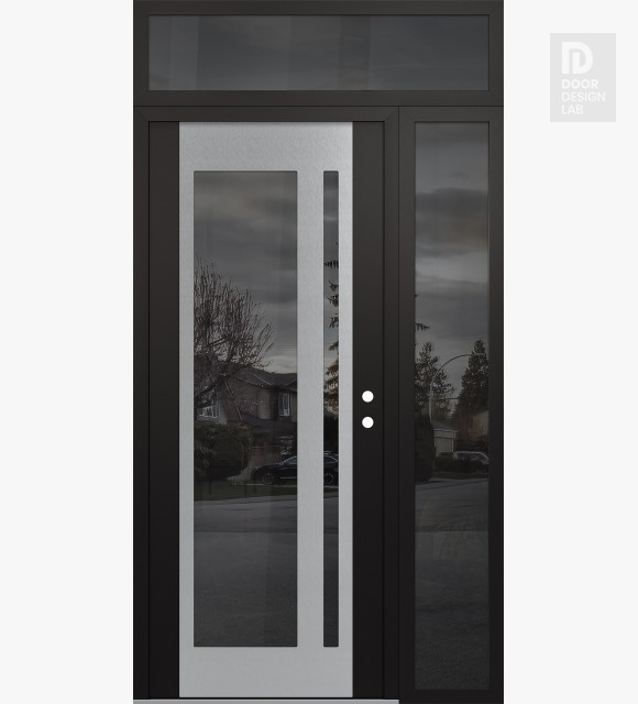 Modern Steel Front Door Diamond C15 48" x 96" black/black mirrored Glass Panel stainless steel LHI with Sidelite and Transom mirrored Glass