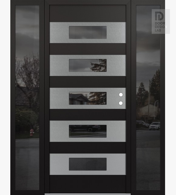 Modern Steel Front Door Diamond D5 60" x 80" black/black mirrored Glass Panel stainless steel LHI with 2 Sidelites mirrored Glass