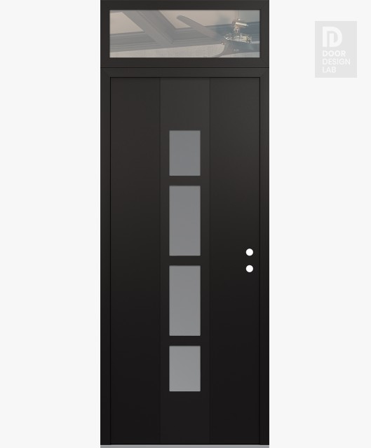 Modern Steel Front Door DIAMOND A10 36" X 96" BLACK/WHITE FROSTED GLASS PANEL BLACK LHI WITH TRANSOM CLEAR GLASS