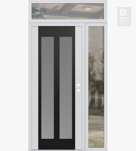 Modern Steel Front Door Diamond C14 50" x 96" white/white frosted Glass Panel black LHI with Sidelite and Transom clear Glass