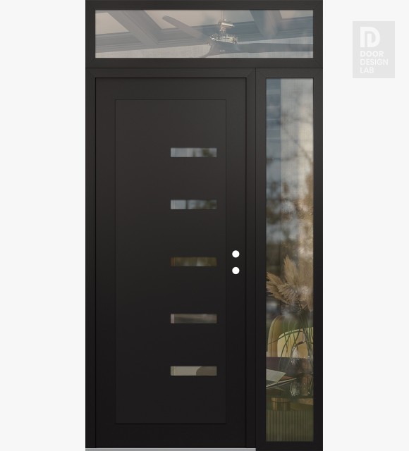 Modern Steel Front Door Diamond C8 48" x 96" black/black clear Glass Panel black LHI with Sidelite and Transom clear Glass