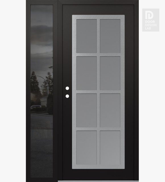 Modern Steel Front Door Diamond C16 52" x 80" black/white frosted Glass Panel stainless steel RHI with Sidelite mirrored Glass