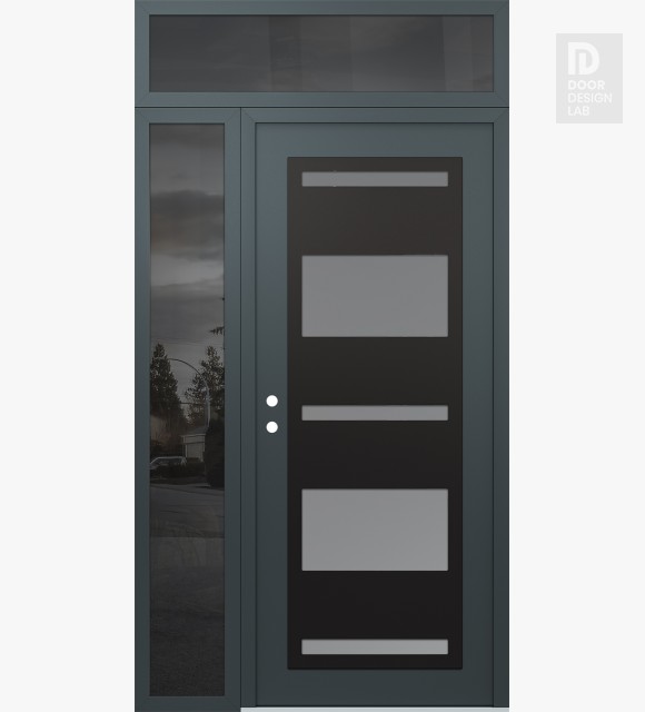 Modern Steel Front Door Diamond C10 50" x 96" anthracite/anthracite frosted Glass Panel black RHI with Sidelite and Transom mirrored Glass