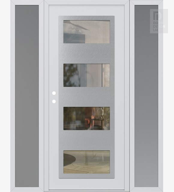 Modern Steel Front Door Diamond C2 64" x 80" white/white clear Glass Panel stainless steel RHI with 2 Sidelites frosted Glass