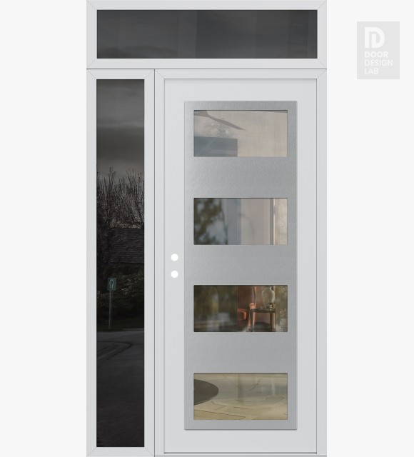 Modern Steel Front Door Diamond C2 48" x 96" white/white clear Glass Panel stainless steel RHI with Sidelite and Transom mirrored Glass