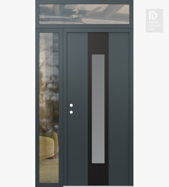 Modern Steel Front Door DIAMOND A1 48" X 96" ANTHRACITE/ANTHRACITE FROSTED GLASS PANEL BLACK RHI WITH SIDELITE AND TRANSOM CLEAR GLASS