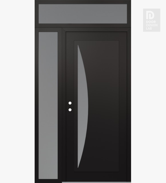 Modern Steel Front Door Diamond C13 50" x 96" black/white frosted Glass Panel black RHI with Sidelite and Transom frosted Glass