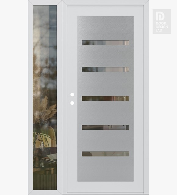Modern Steel Front Door Diamond C7 52" x 80" white/white clear Glass Panel stainless steel RHI with Sidelite clear Glass