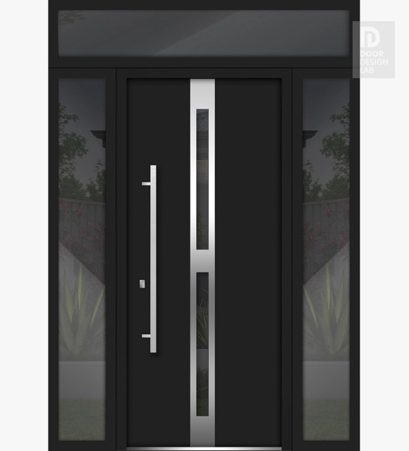 Front Exterior Prehung Steel Door / Deux 1755 Black Enamel / 2 Side and Top Exterior Window / Stainless Inserts Single Modern Painted-W16+36+16" x H80+16"-Right-hand Inswing