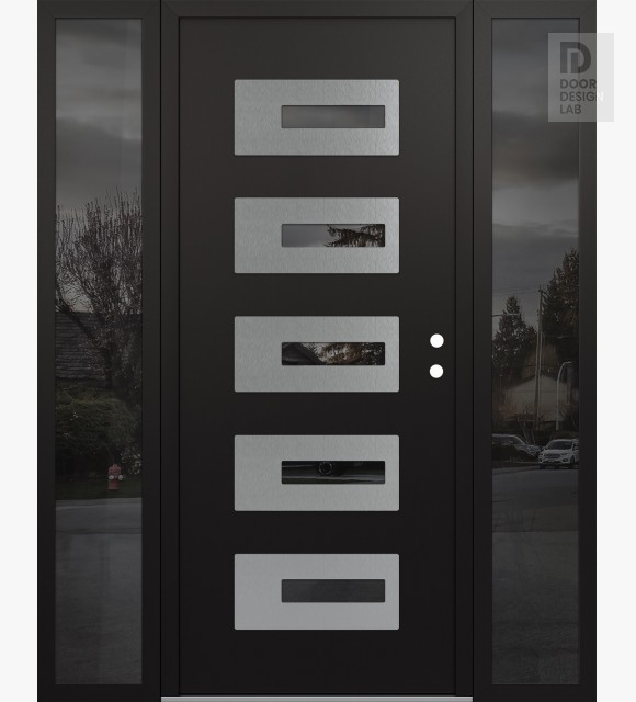 Modern Steel Front Door Diamond D6 60" x 80" black/black mirrored Glass Panel stainless steel LHI with 2 Sidelites mirrored Glass