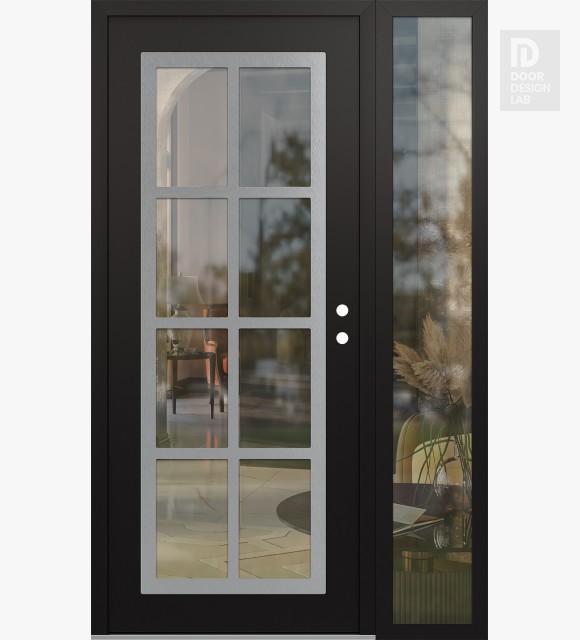 Modern Steel Front Door Diamond C16 52" x 80" black/black clear Glass Panel stainless steel LHI with Sidelite clear Glass