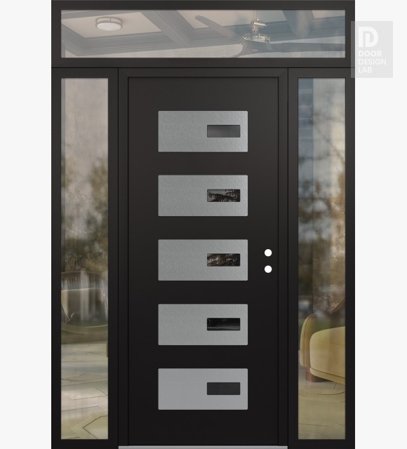 Modern Steel Front Door Diamond D7 64" x 96" black/black mirrored Glass Panel stainless steel LHI with 2 Sidelites and Transom clear Glass