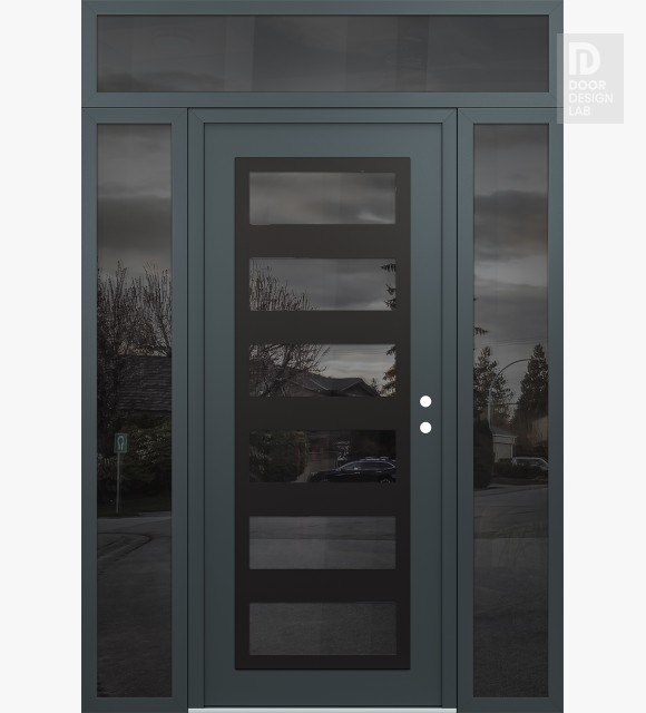 Modern Steel Front Door Diamond C9 68" x 96" anthracite/anthracite mirrored Glass Panel black LHI with 2 Sidelites and Transom mirrored Glass
