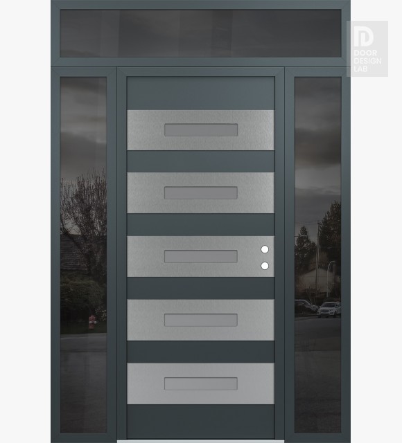 Modern Steel Front Door Diamond D9 68" x 96" anthracite/anthracite frosted Glass Panel stainless steel LHI with 2 Sidelites and Transom mirrored Glass