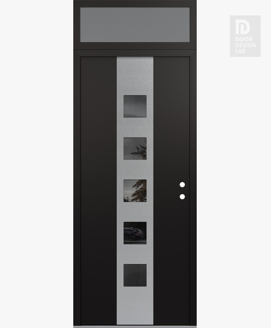Modern Steel Front Door DIAMOND A13 36" X 96" BLACK/BLACK MIRRORED GLASS PANEL STAINLESS STEEL LHI WITH TRANSOM FROSTED GLASS