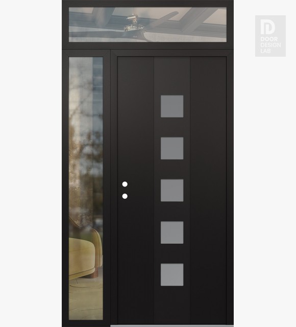 Modern Steel Front Door DIAMOND A13 50" X 96" BLACK/WHITE FROSTED GLASS PANEL BLACK RHI WITH SIDELITE AND TRANSOM CLEAR GLASS