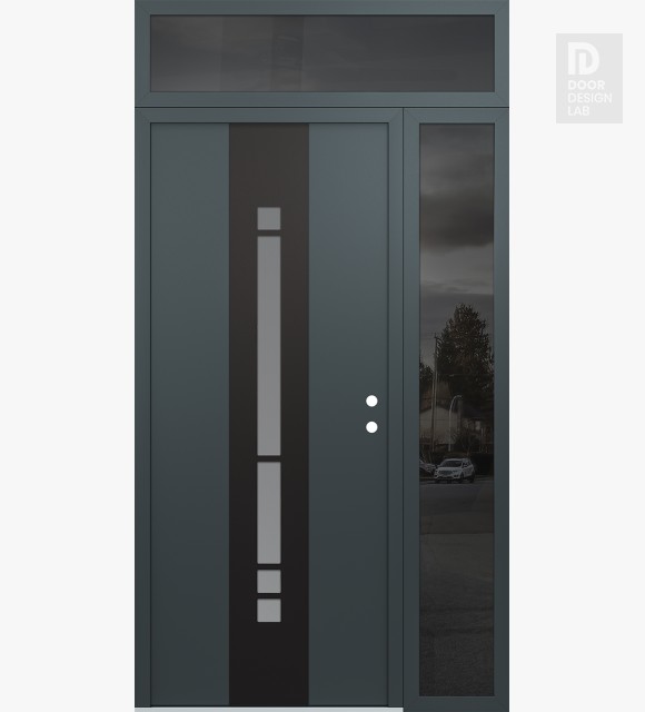 Modern Steel Front Door DIAMOND A3 50" X 96" ANTHRACITE/ANTHRACITE FROSTED GLASS PANEL BLACK LHI WITH SIDELITE AND TRANSOM MIRRORED GLASS