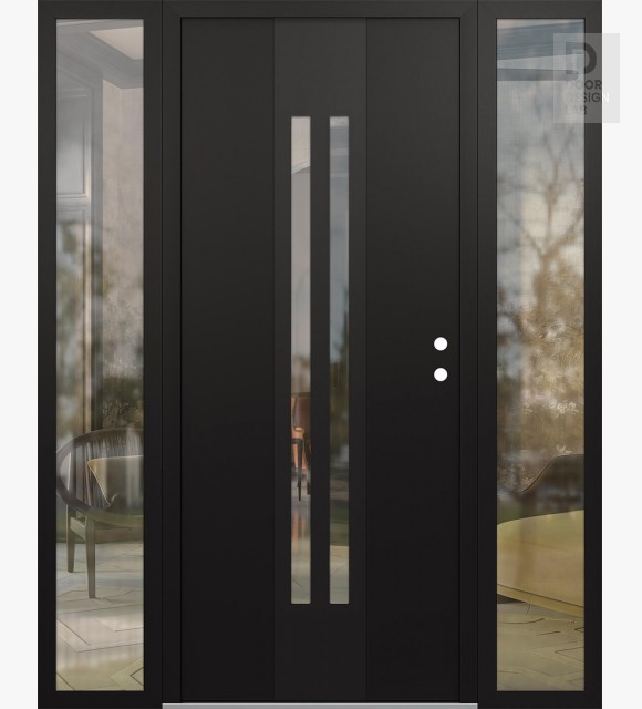 Modern Steel Front Door DIAMOND A8 68" X 80" BLACK/BLACK CLEAR GLASS PANEL BLACK LHI WITH 2 SIDELITES CLEAR GLASS