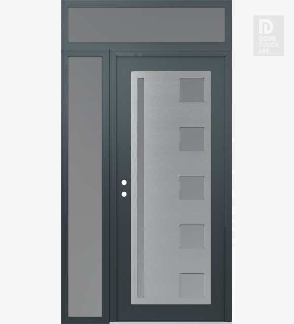 Modern Steel Front Door Diamond C3 52" x 96" anthracite/anthracite frosted Glass Panel stainless steel RHI with Sidelite and Transom frosted Glass