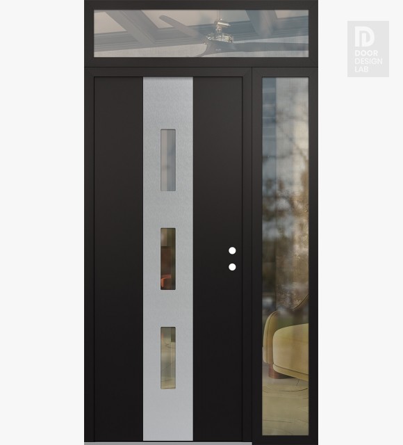 Modern Steel Front Door DIAMOND A7 52" X 96" BLACK/BLACK CLEAR GLASS PANEL STAINLESS STEEL LHI WITH SIDELITE AND TRANSOM CLEAR GLASS