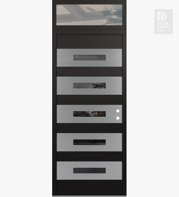 Modern Steel Front Door Diamond D9 36" x 96" black/black mirrored Glass Panel stainless steel LHI with Transom clear Glass