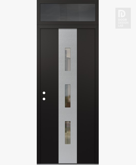 Modern Steel Front Door DIAMOND A7 36" X 96" BLACK/BLACK CLEAR GLASS PANEL STAINLESS STEEL RHI WITH TRANSOM MIRRORED GLASS