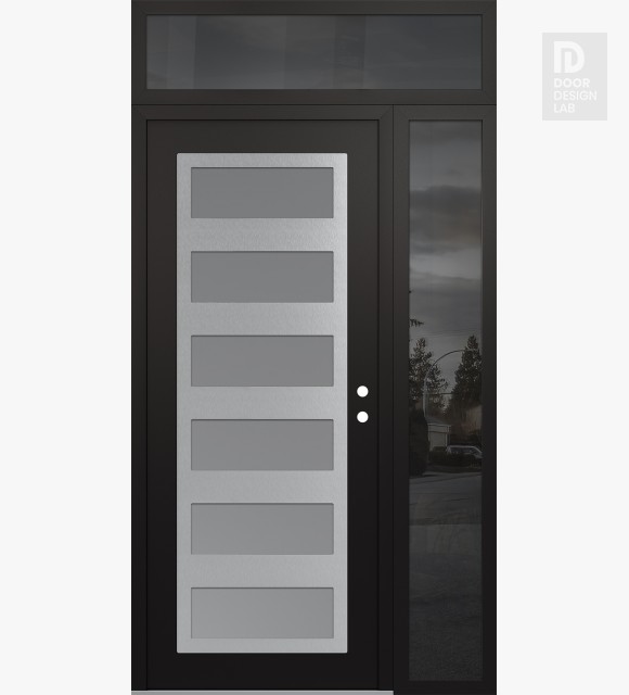 Modern Steel Front Door Diamond C9 52" x 96" black/white frosted Glass Panel stainless steel LHI with Sidelite and Transom mirrored Glass