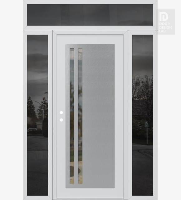 Modern Steel Front Door Diamond C6 64" x 96" white/white clear Glass Panel stainless steel RHI with 2 Sidelites and Transom mirrored Glass