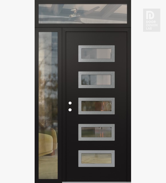 Modern Steel Front Door Diamond D1 50" x 96" black/black clear Glass Panel stainless steel RHI with Sidelite and Transom clear Glass