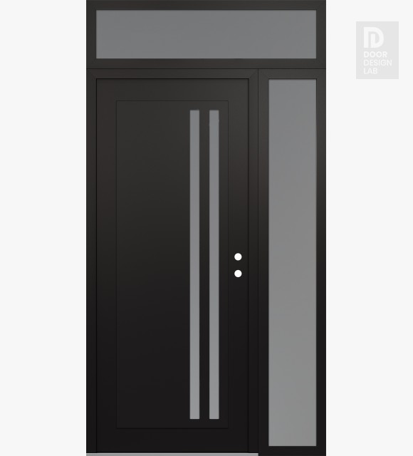 Modern Steel Front Door Diamond C6 50" x 96" black/white frosted Glass Panel black LHI with Sidelite and Transom frosted Glass