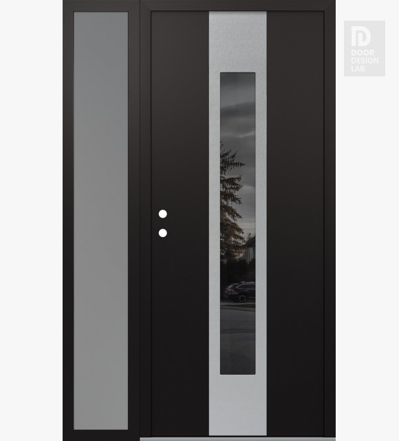 Modern Steel Front Door DIAMOND A1 50" X 80" BLACK/BLACK MIRRORED GLASS PANEL STAINLESS STEEL RHI WITH SIDELITE FROSTED GLASS