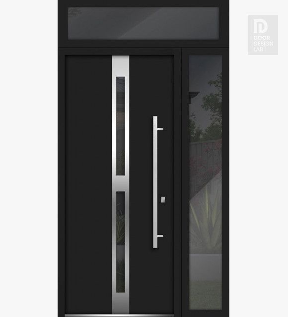 Front Exterior Prehung Steel Door / Deux 1755 Black Enamel / Side and Top Exterior Window / Stainless Inserts Single Modern Painted-W36+12" x H80+16"-Left-hand Inswing