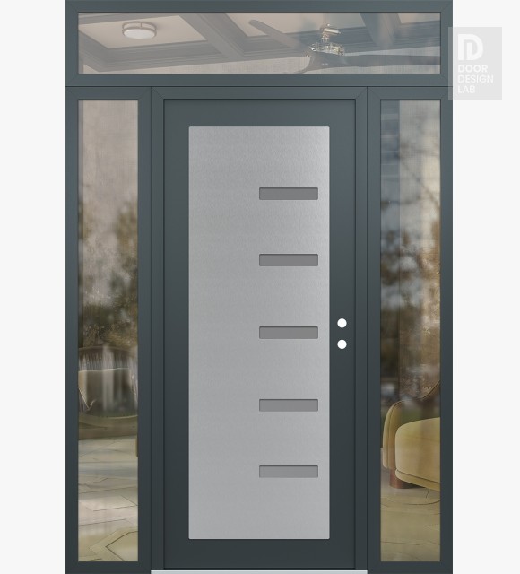 Modern Steel Front Door Diamond C8 68" x 96" anthracite/anthracite frosted Glass Panel stainless steel LHI with 2 Sidelites and Transom clear Glass