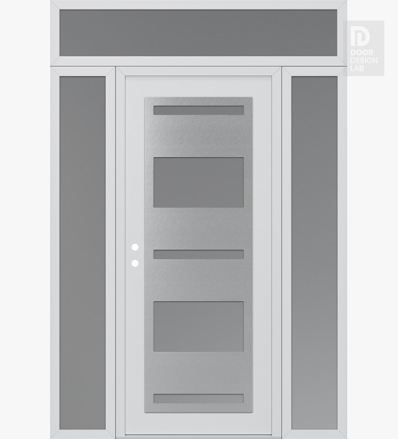 Modern Steel Front Door Diamond C10 60" x 96" white/white frosted Glass Panel stainless steel RHI with 2 Sidelites and Transom frosted Glass